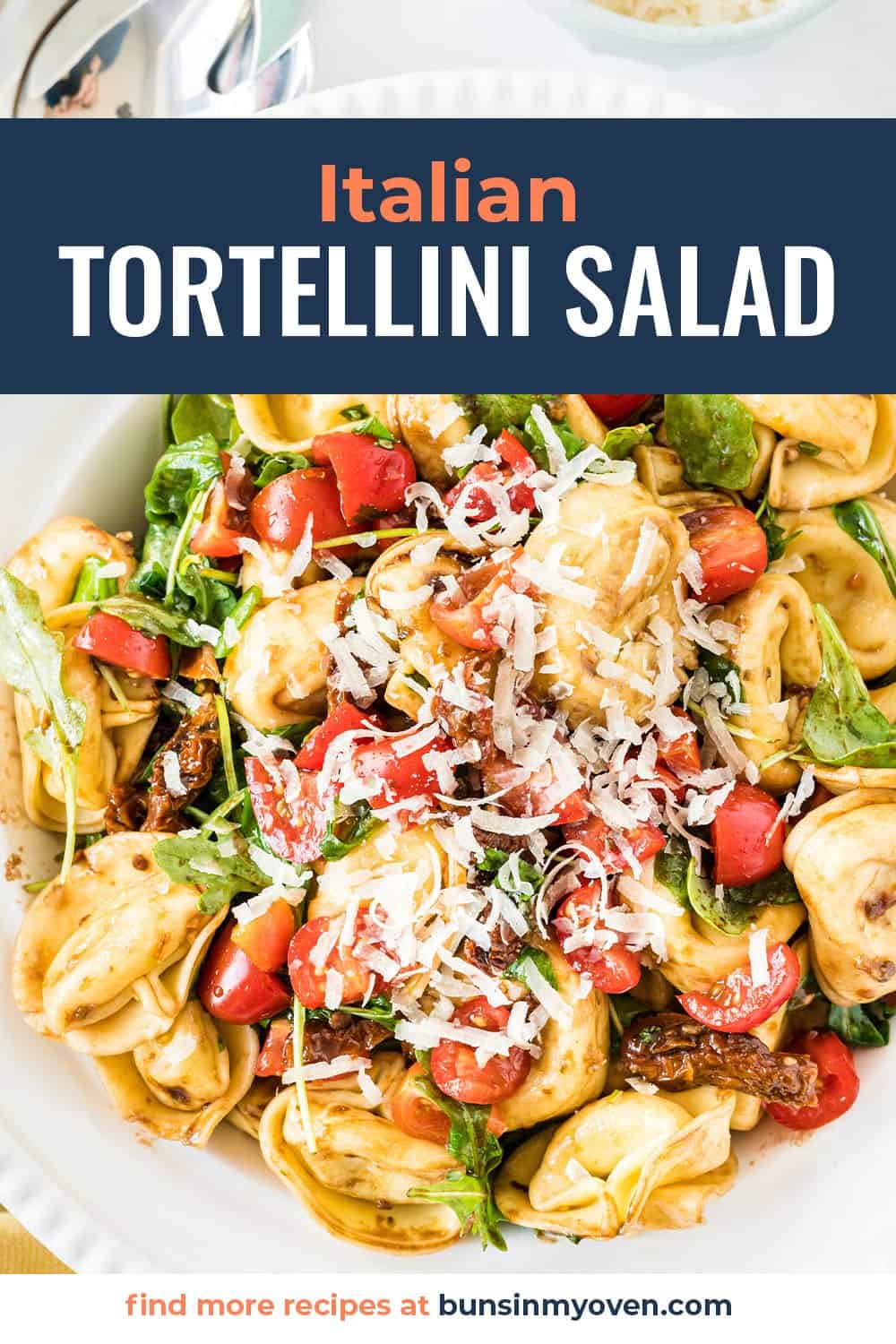 Italian tortellini salad with text for Pinterest.
