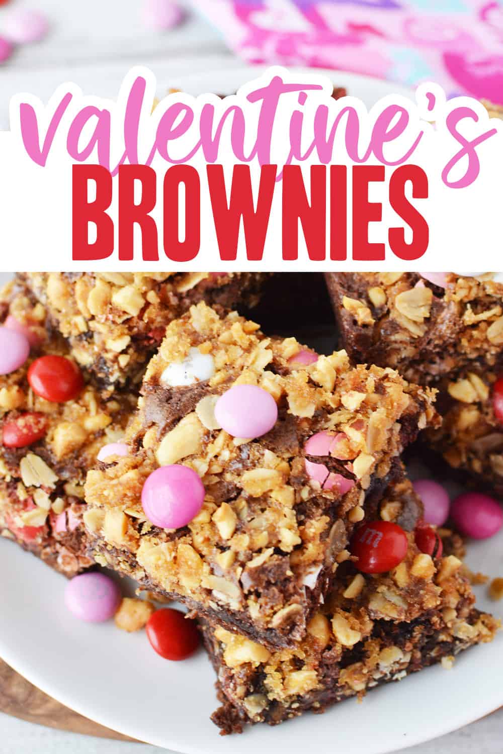 collage of brownies dressed up for Valentine's Day with candy.