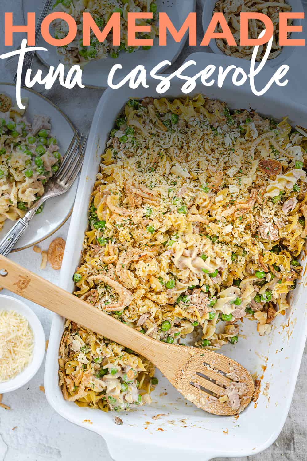 homemade tuna casserole in baking dish with text for Pinterest.