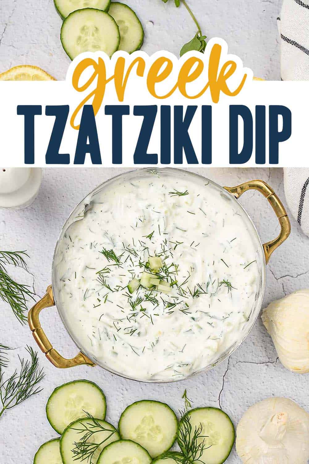 homemade tzatziki dip in small bowl with text for Pinterest.