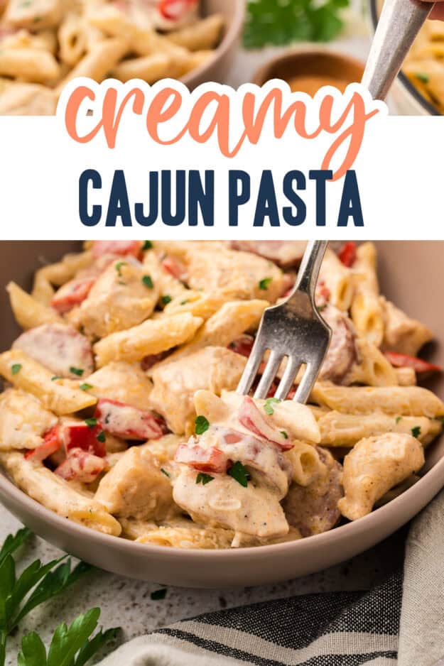 Cajun chicken and sausage pasta in bowl.