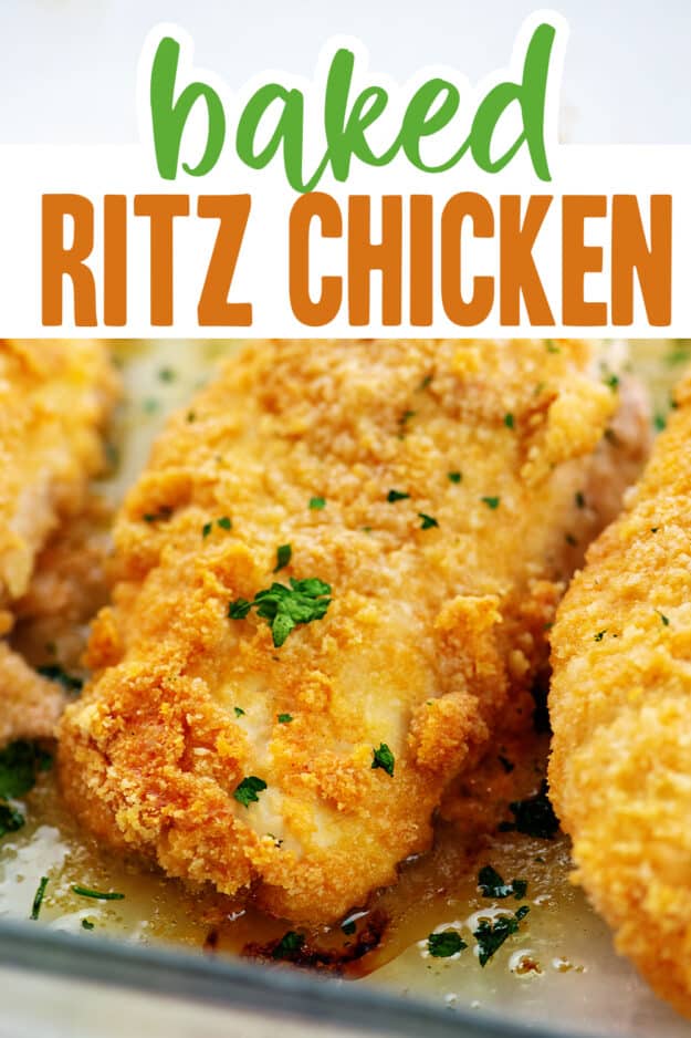 baked ritz chicken with text for Pinterest.