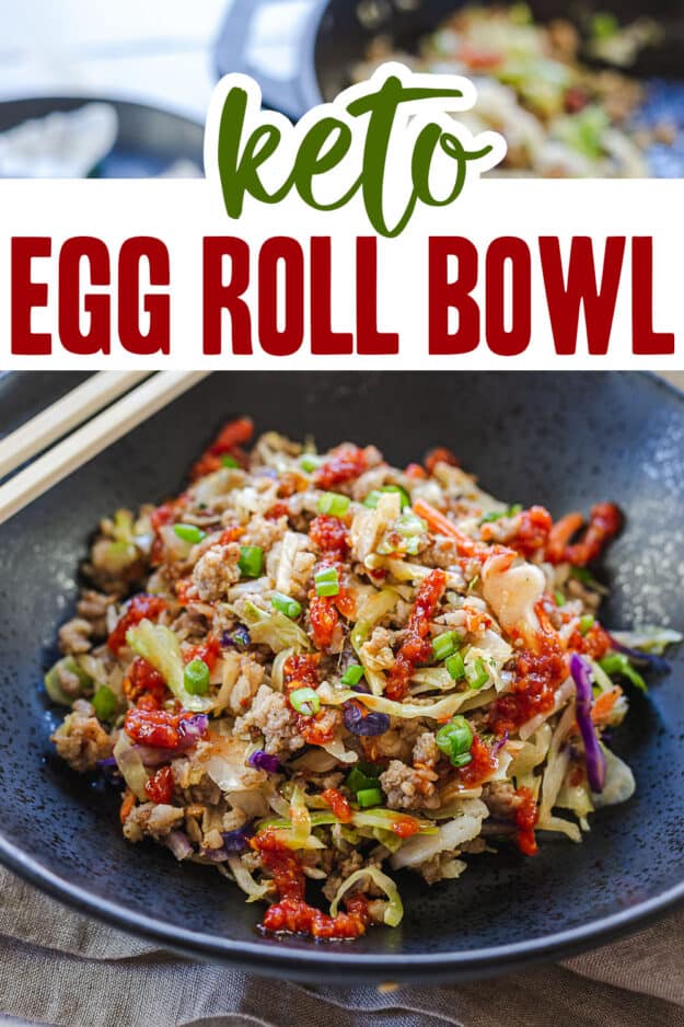 keto egg roll in a bowl with text for pinterest.