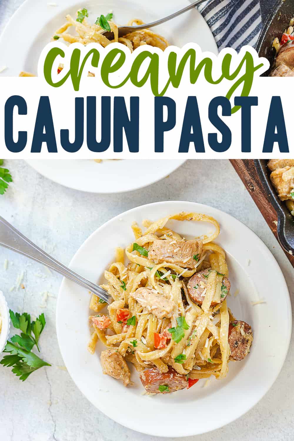 creamy Cajun pasta on white plate with textx for Pinterest.