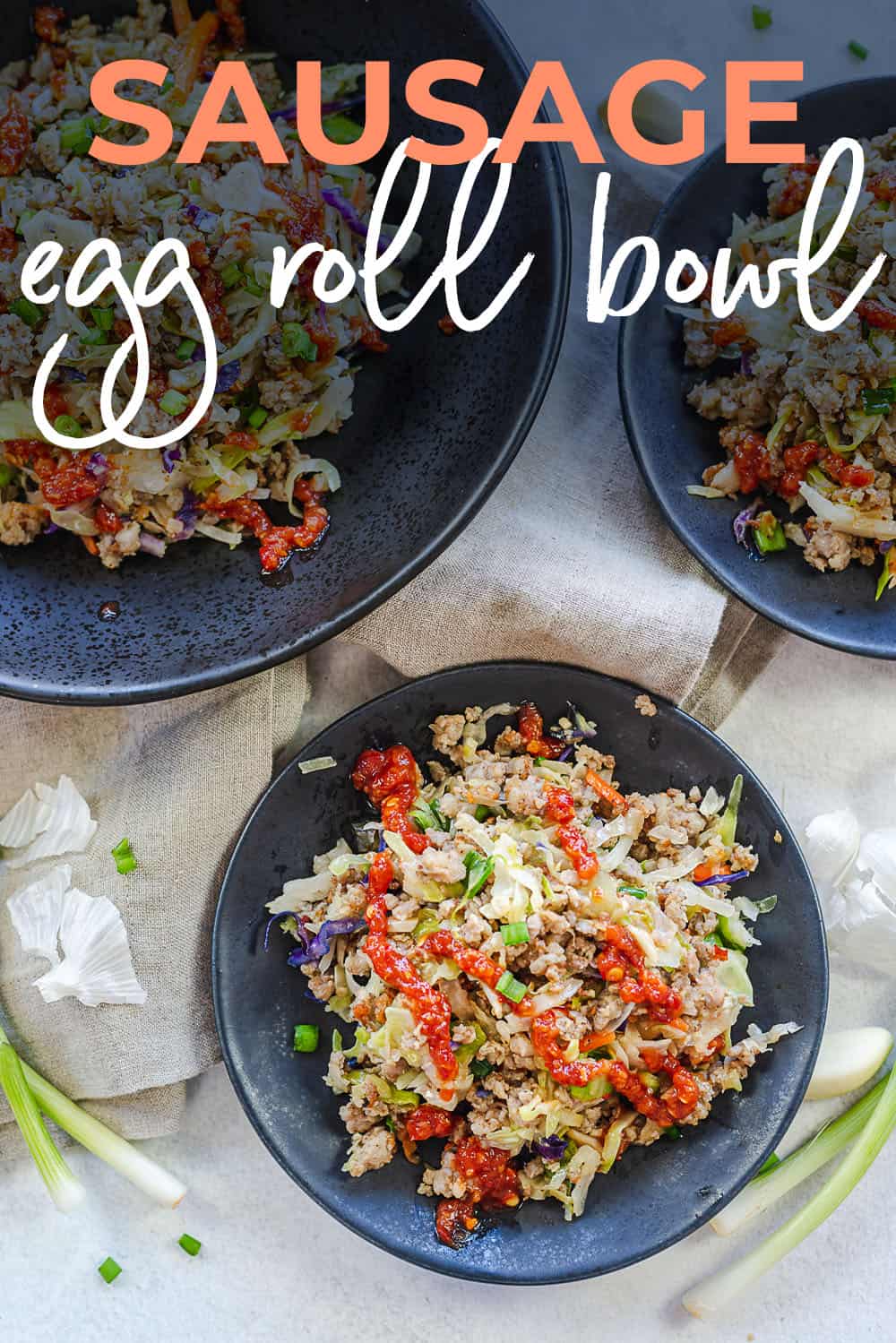 sausage egg roll in a bowl with text for Pinterest.