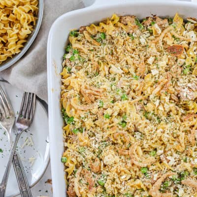 tuna noodle casserole in white baking dish.