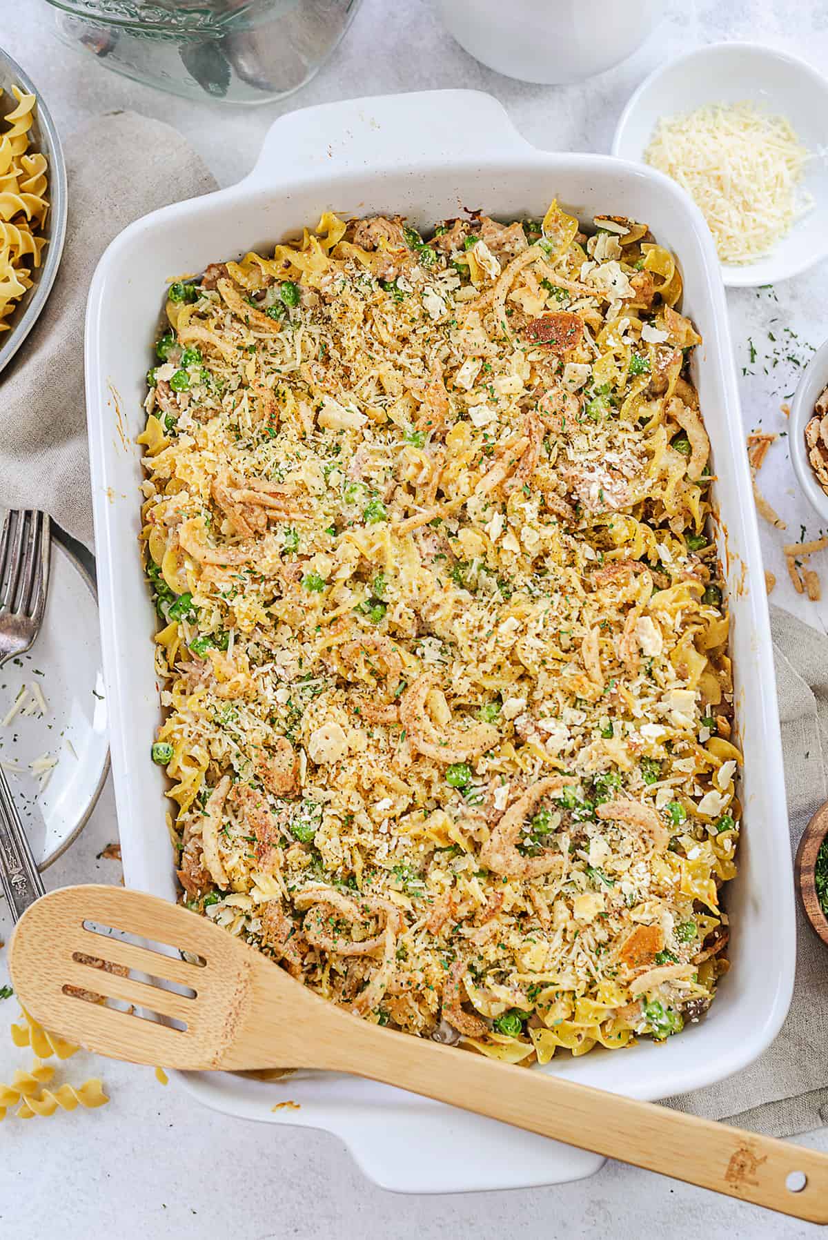 easy tuna noodle casserole in white baking dish.