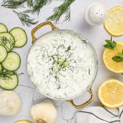 tzatziki sauce in small dish.