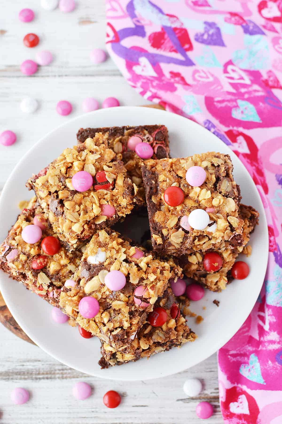 Valentine's Crunch Brownies on white plate.