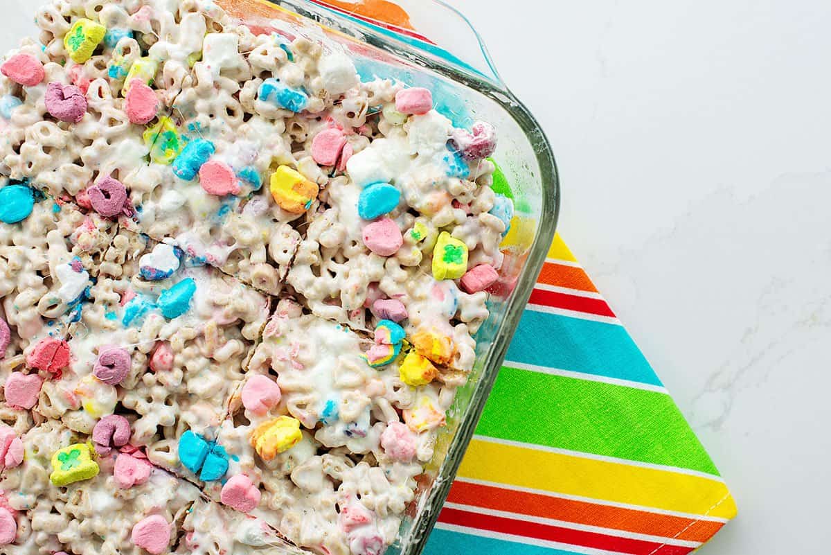 lucky charms rice krispies treats in pan.
