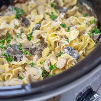 crockpot chicken stroganoff in slow cooker.