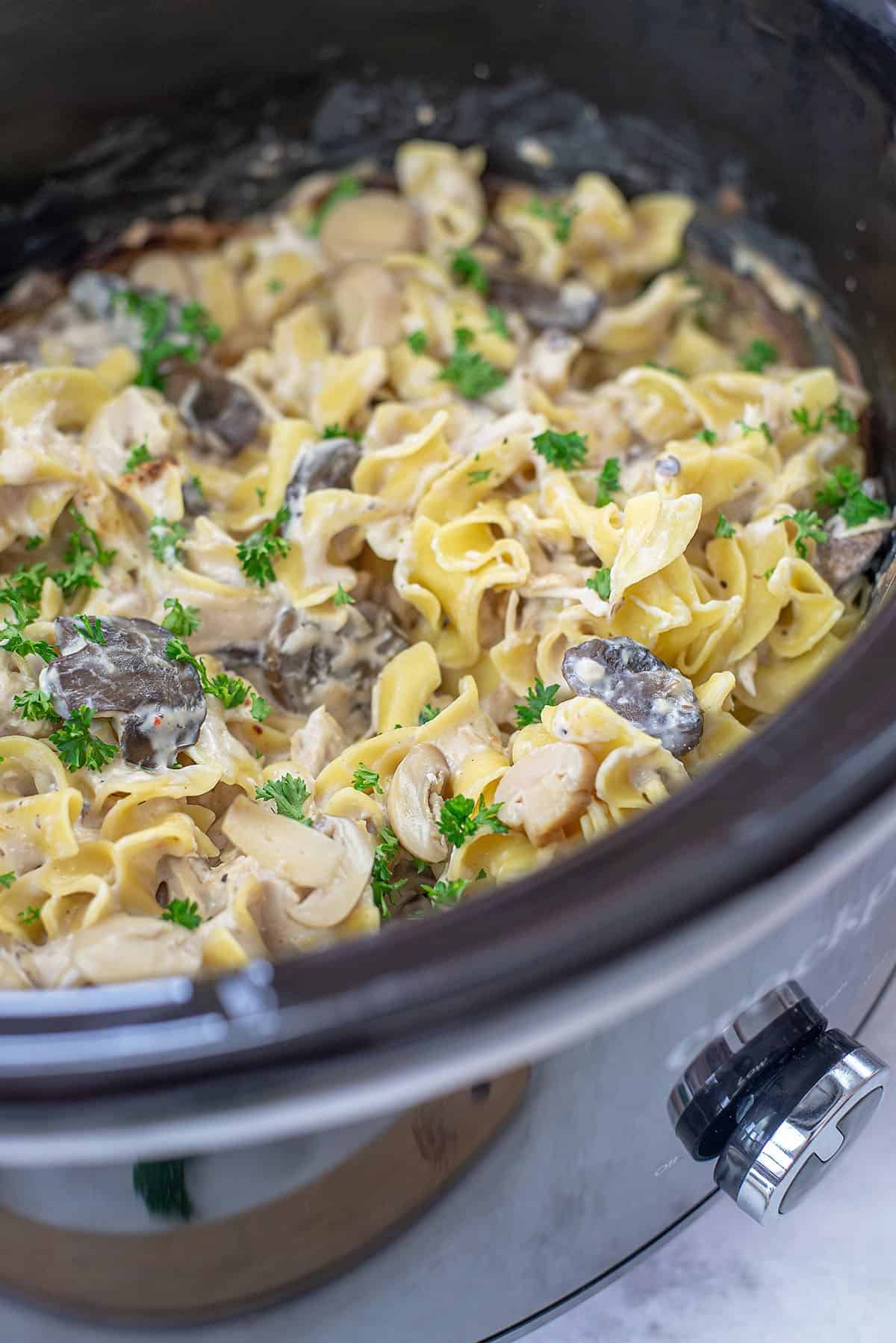 crockpot chicken stroganoff in slow cooker.