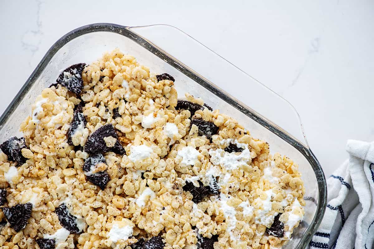 rice krispies treats with Oreos pressed into pan.