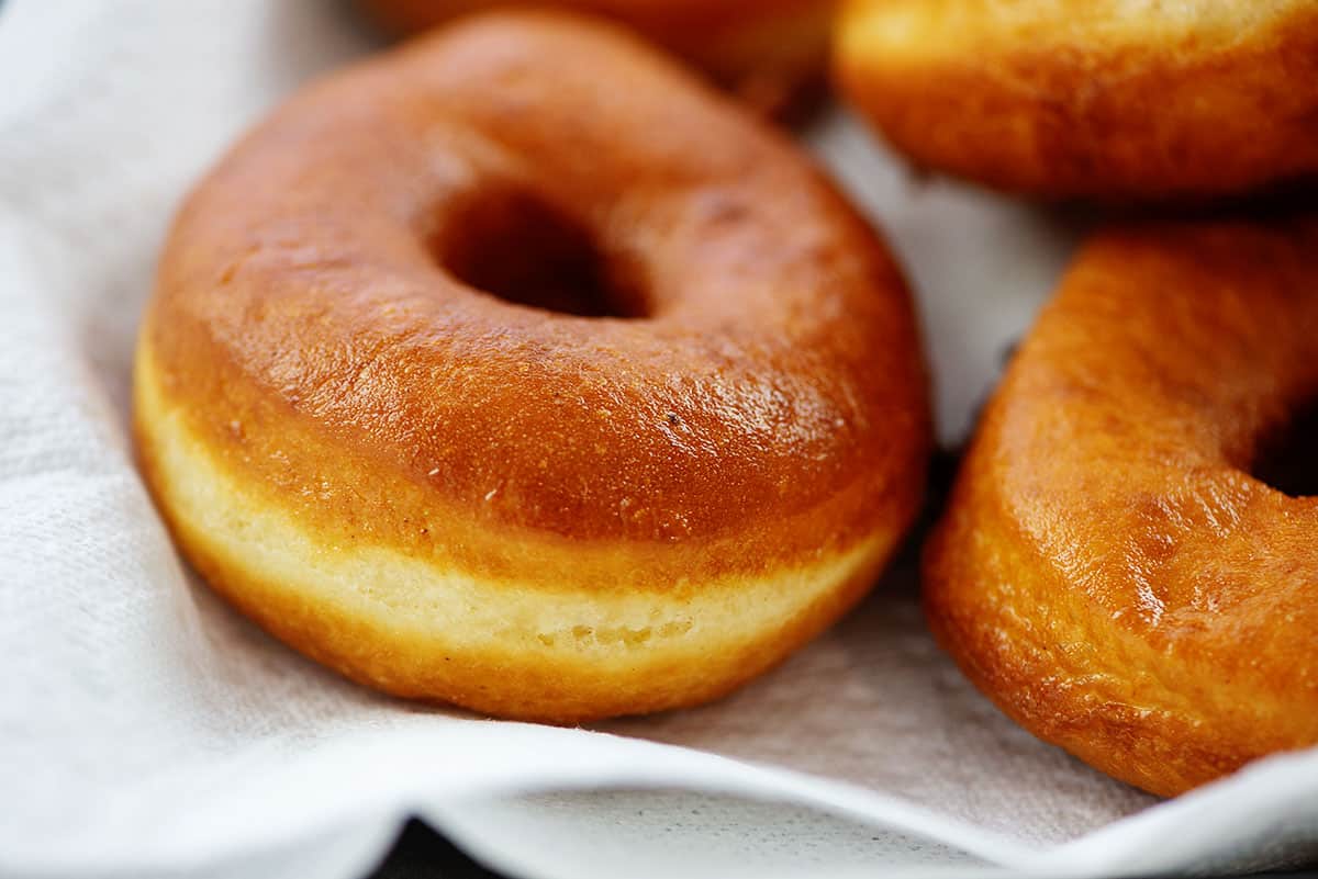 freshly fried donuts on plate.