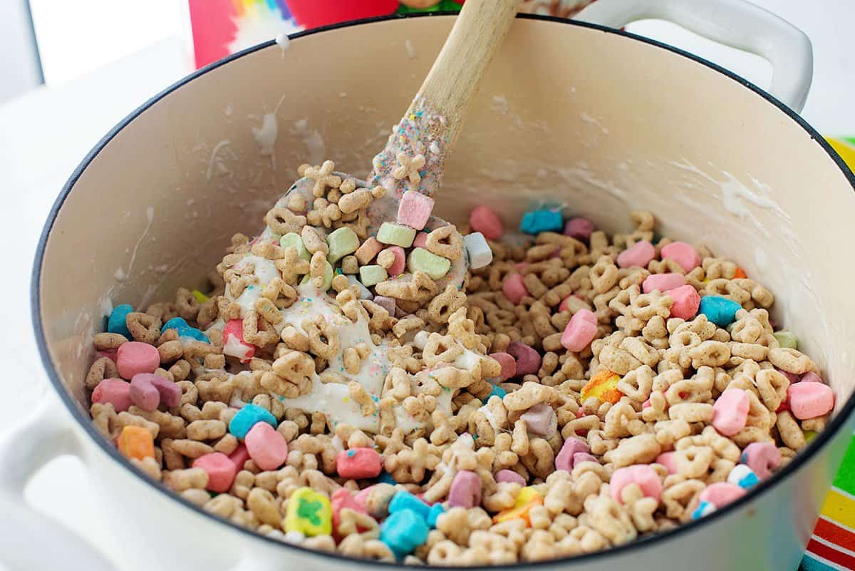 Lucky charms cereal in pan with melted marshmallow.