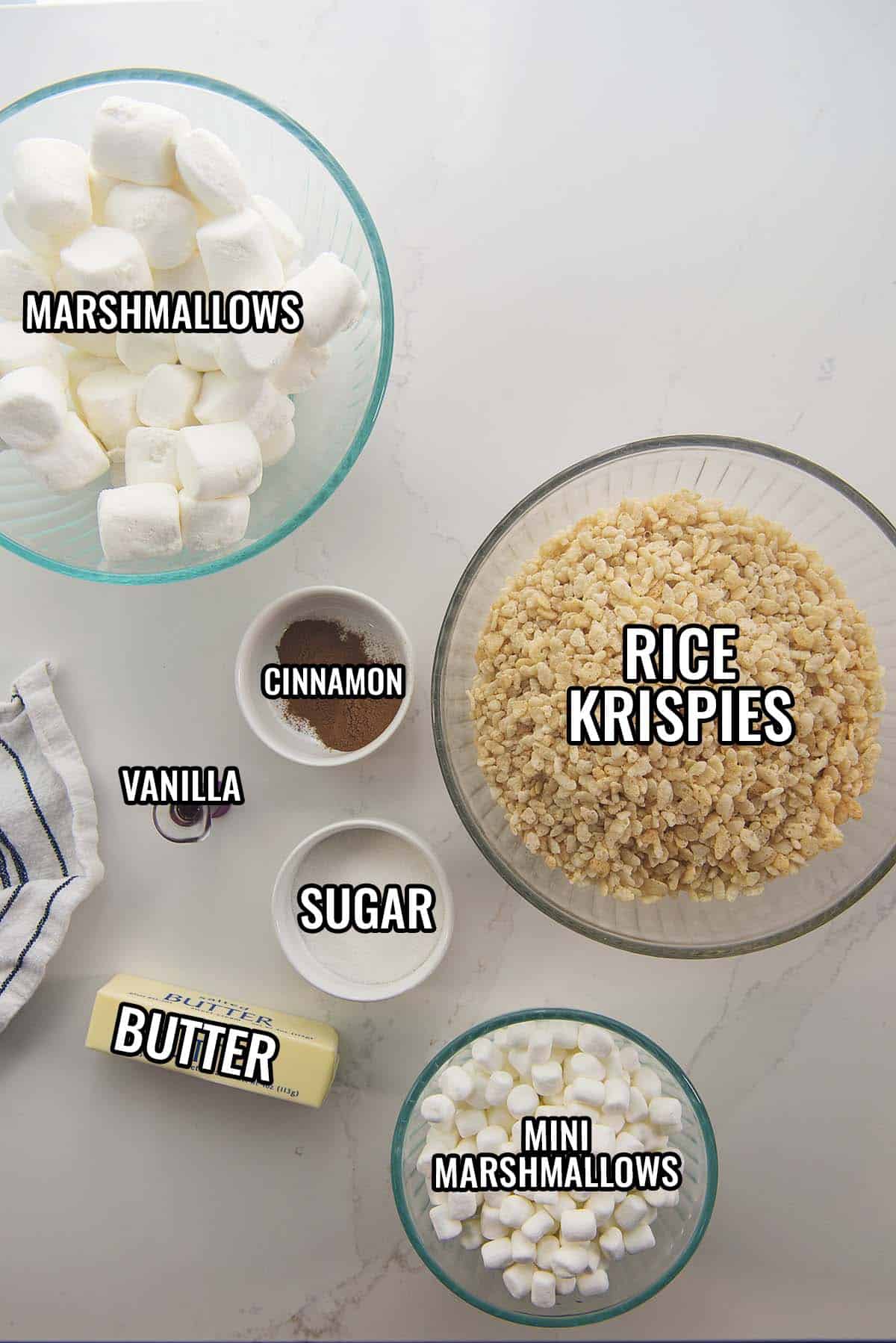ingredients for snickerdoodle rice krispies treats.