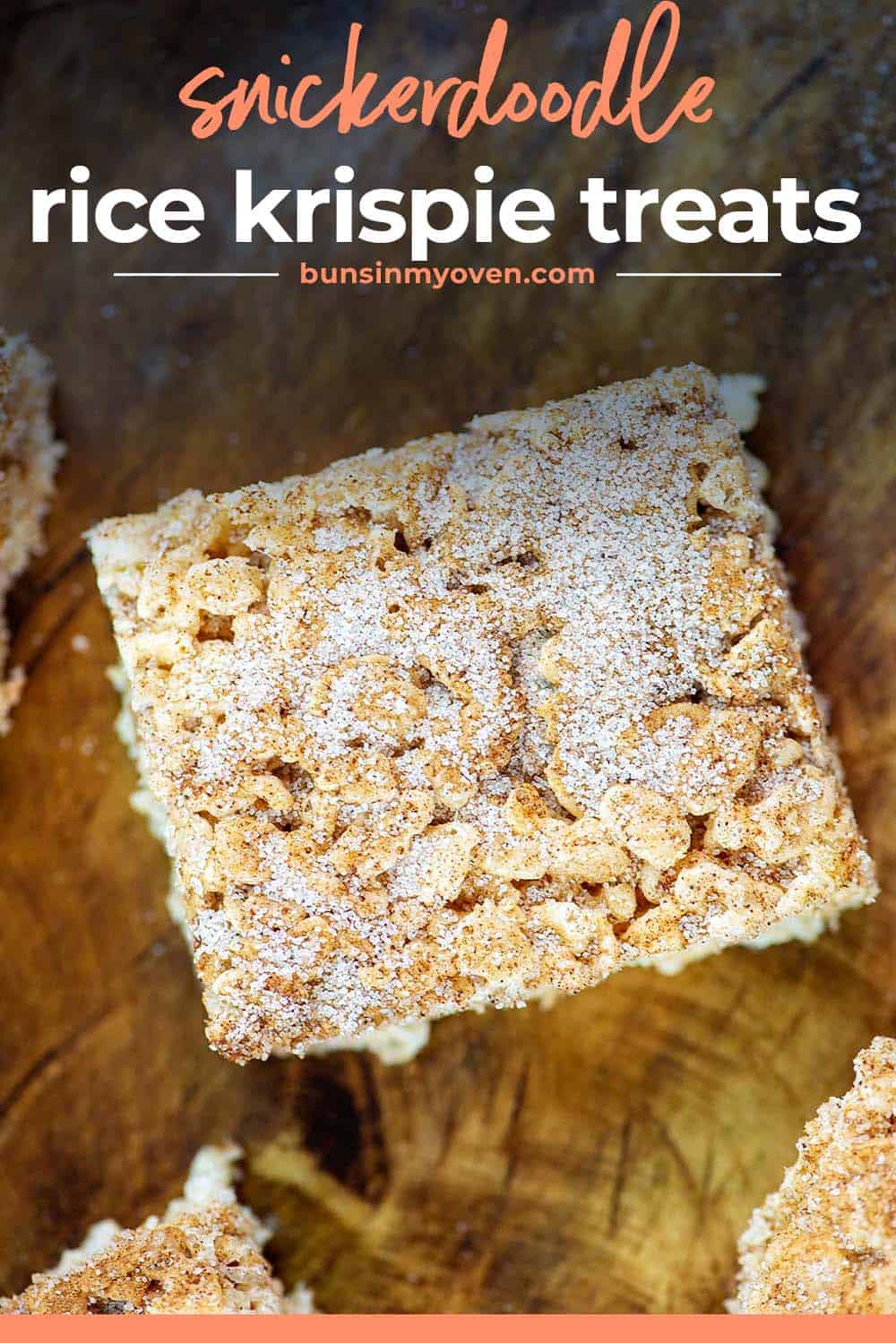 snickerdoodle rice krispie treat on cutting board.