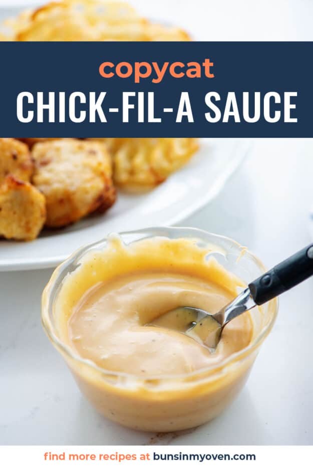 sauce in small bowl with text for pinterest.