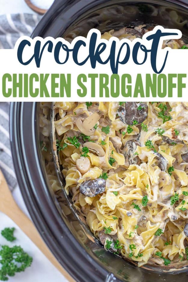 slow cooker chicken stroganoff in crockpot liner.