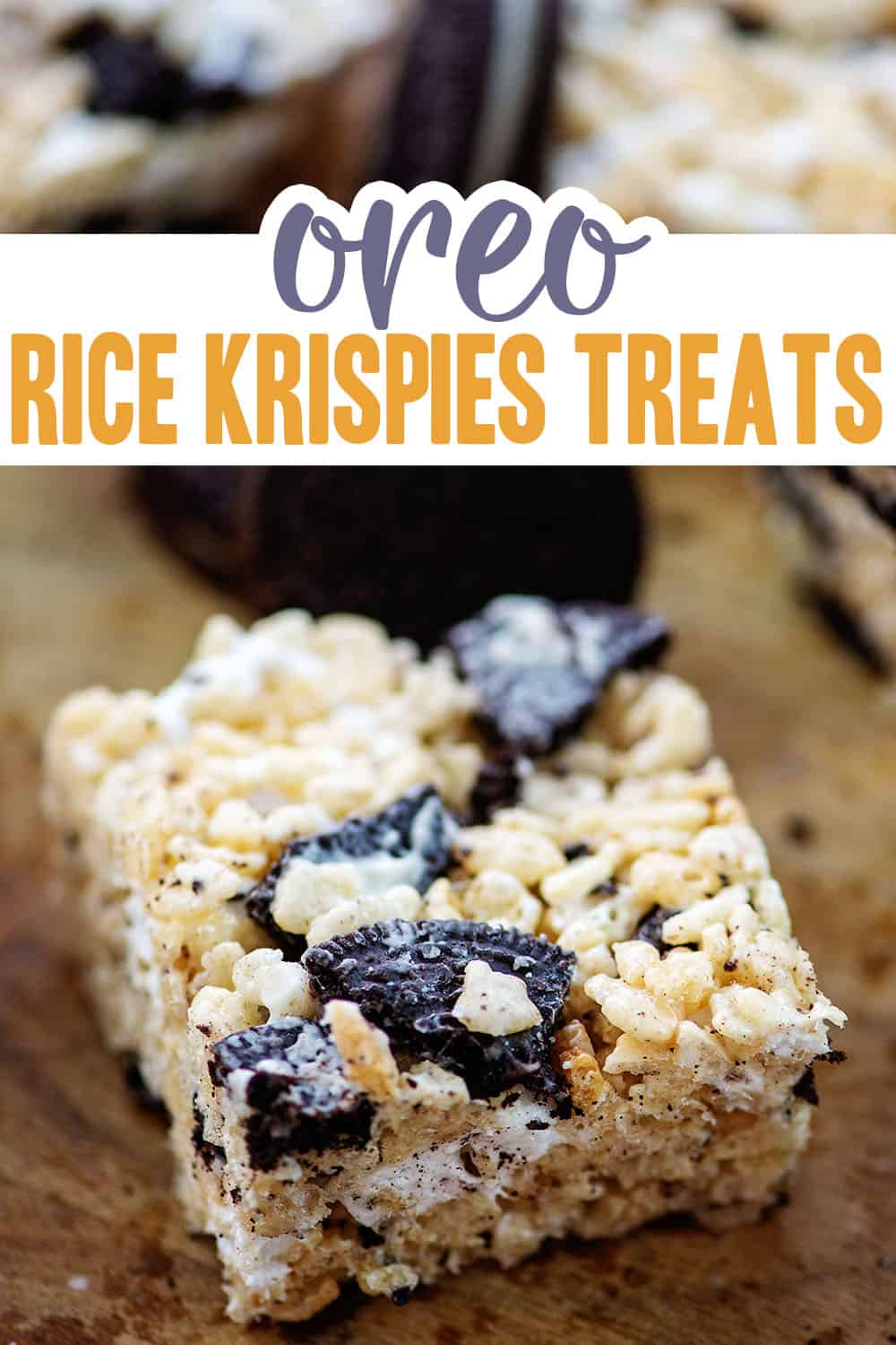 Oreo rice krispies treat on wooden cutting board.