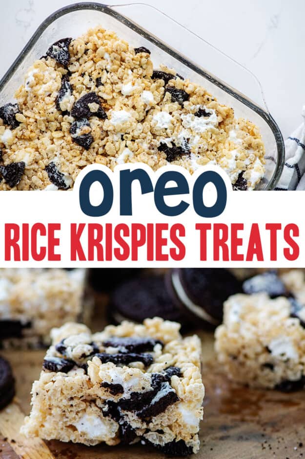 collage of cookies and cream rice krispies treats.