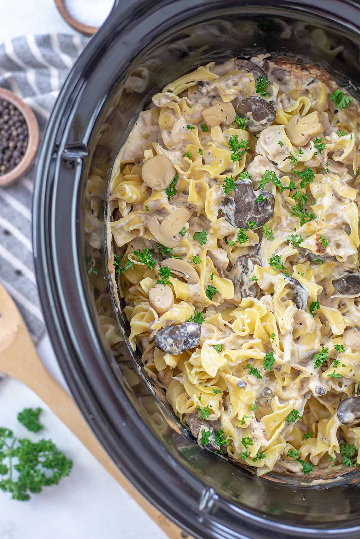 crockpot chicken stroganoff in crockpot.