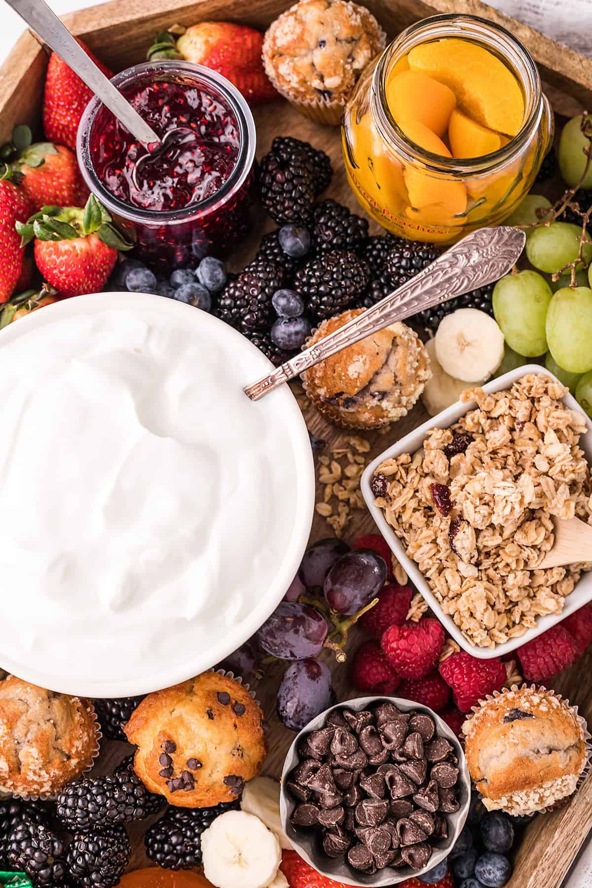 close up of yogurt parfait ingredients.