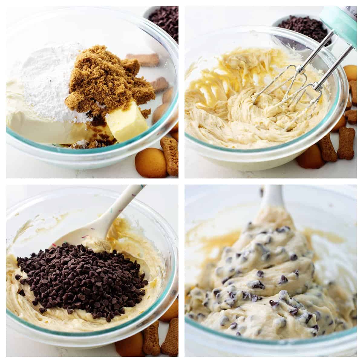 collage showing how to make cookie dough dip.