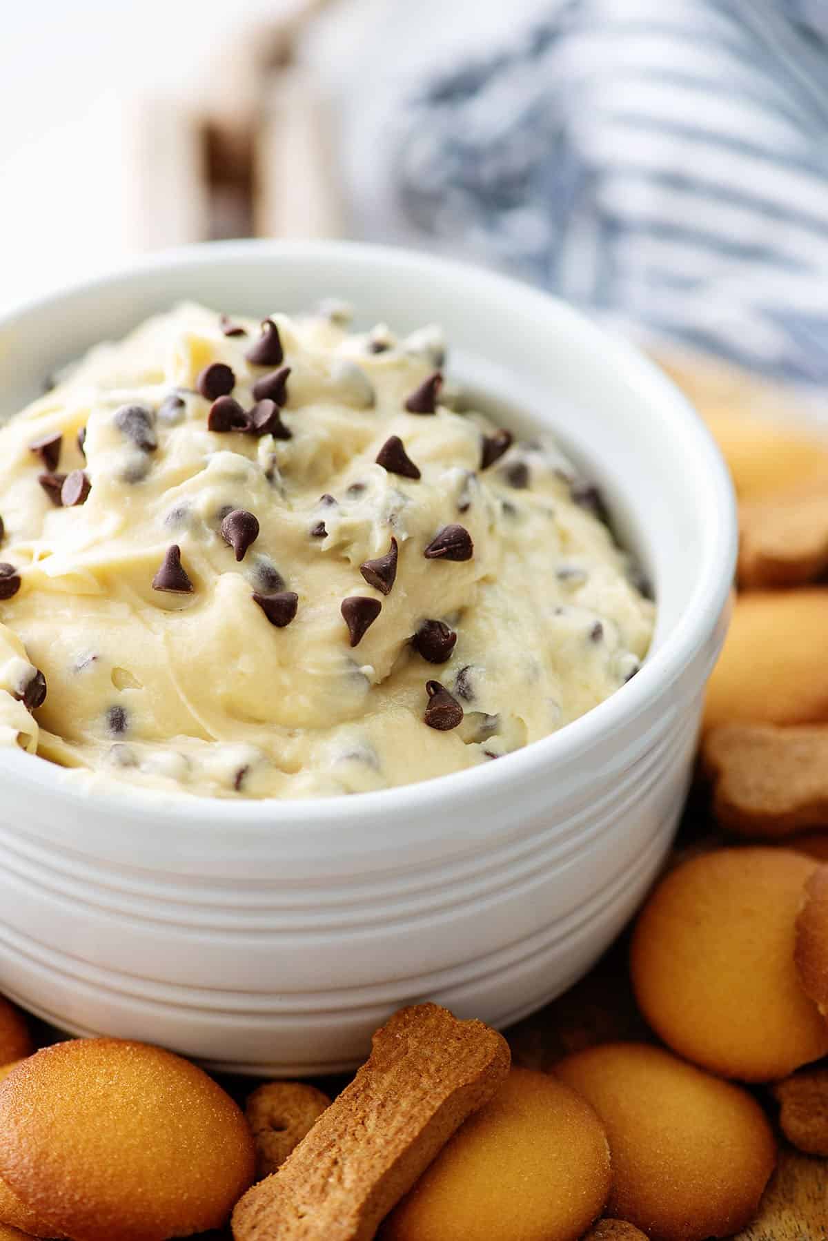 chocolate chip cookie dough dip in white bowl.