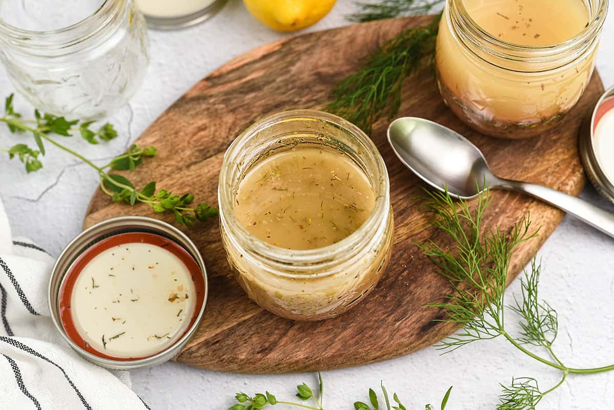 Greek dressing in small jars.