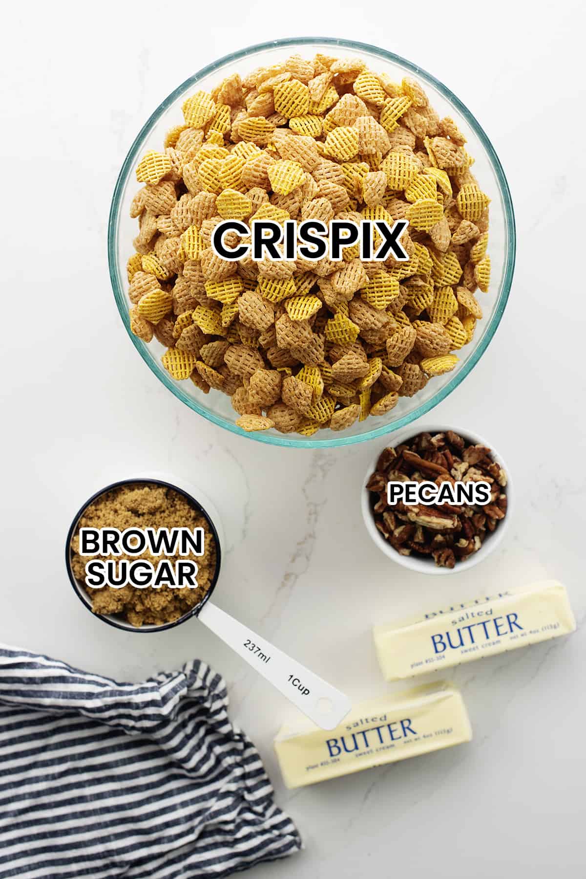 ingredients for praline crunch snack mix.