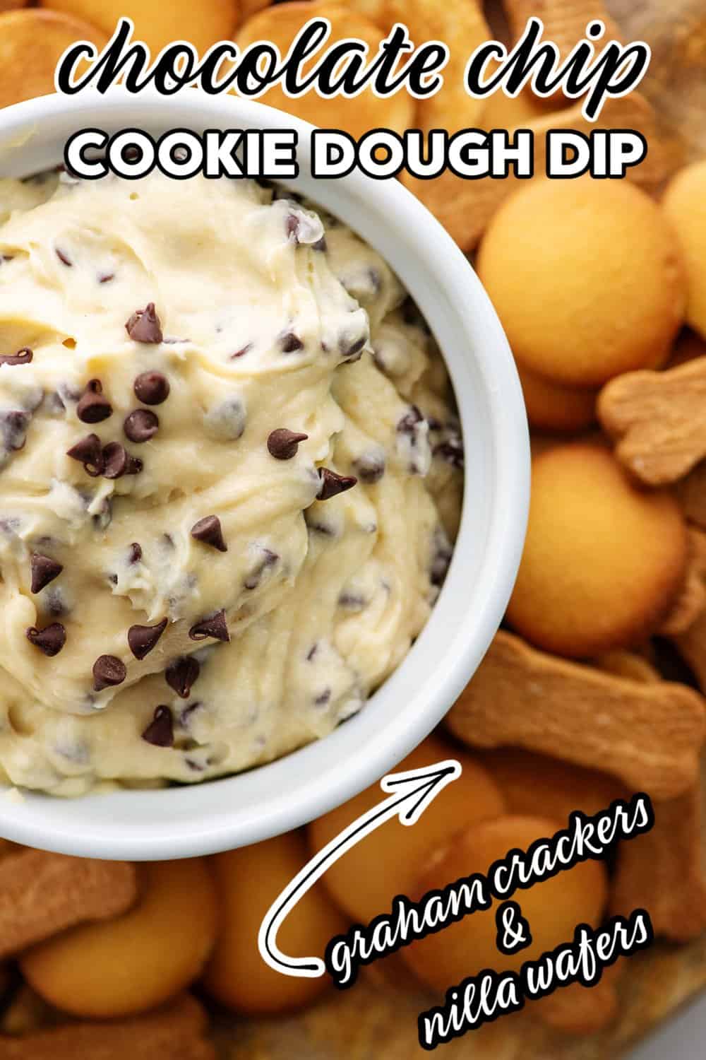 chocolate chip cookie dip in bowl surrounded by cookies.
