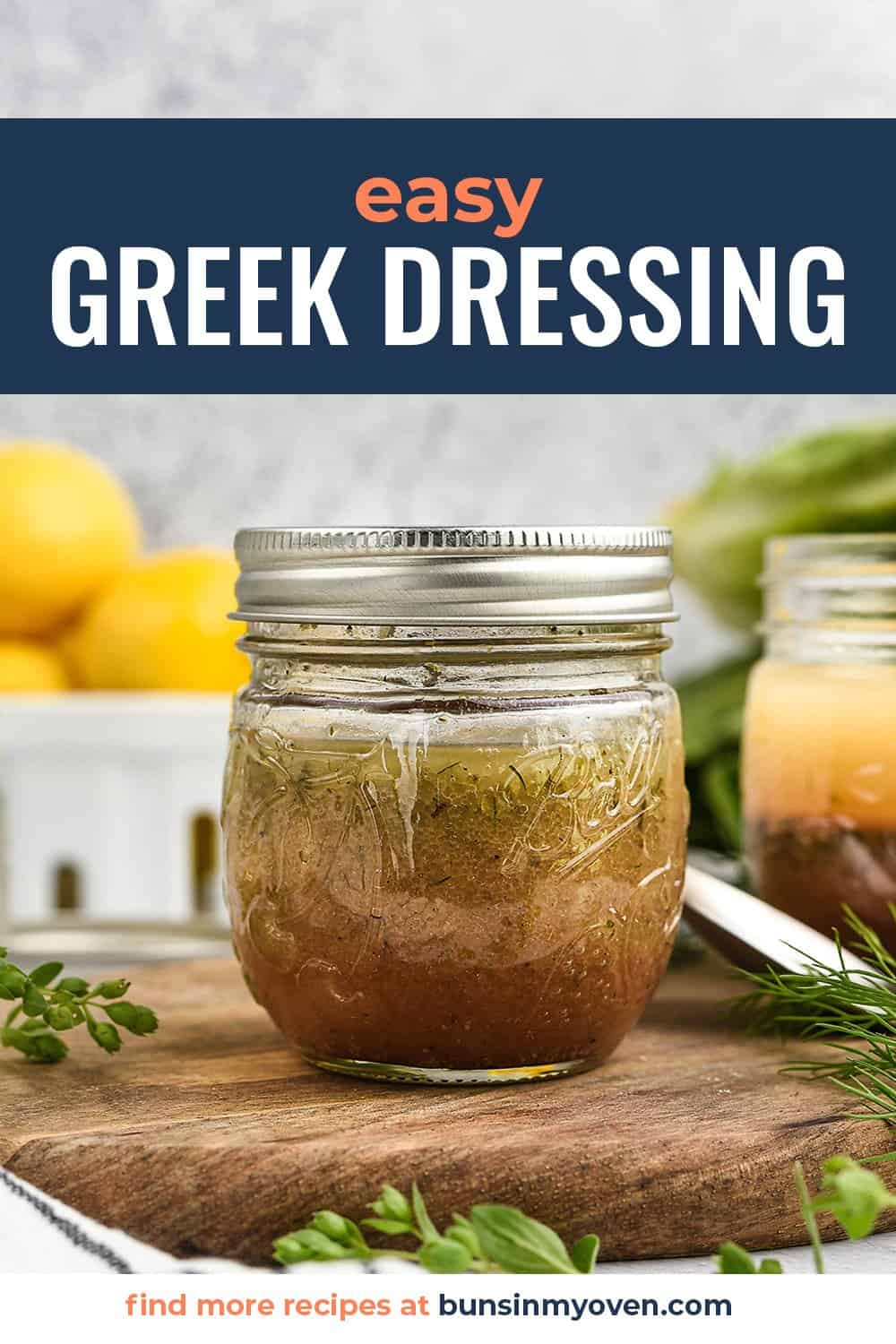 greek salad dressing in small jar.