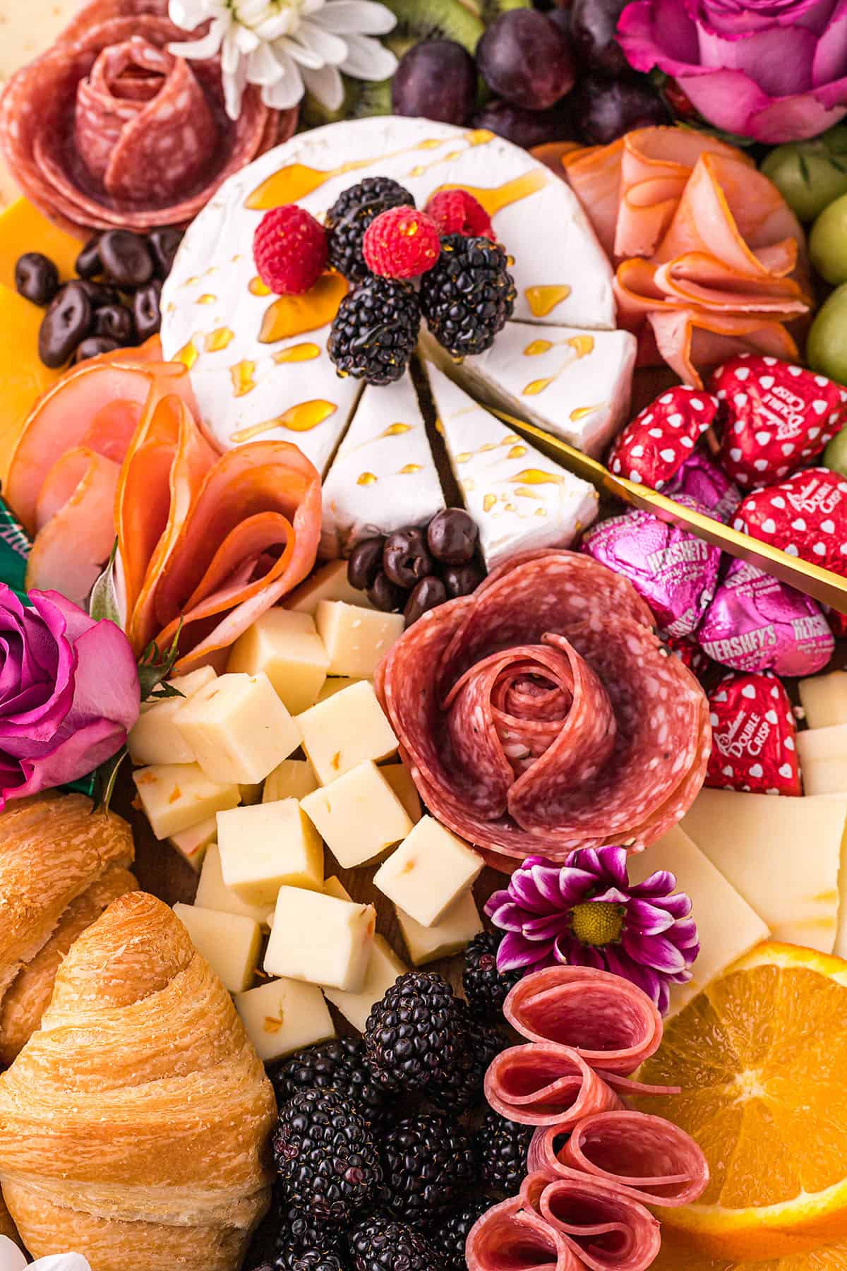 salami flower on charcuterie board.