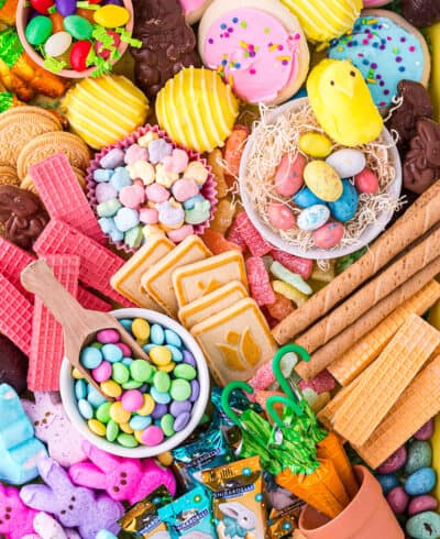 snack board filled with Easter treats.