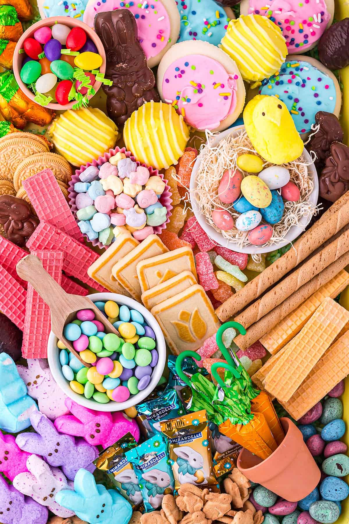 snack board filled with Easter treats.