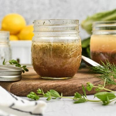 Greek dressing in jar.