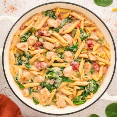 Pot full of cajun and chicken pasta.