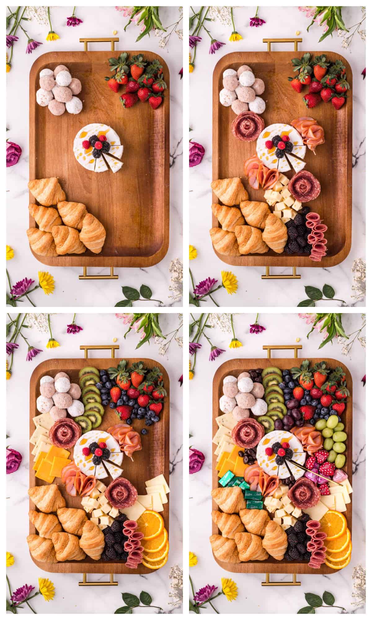 collage showing a charcuterie board being built.