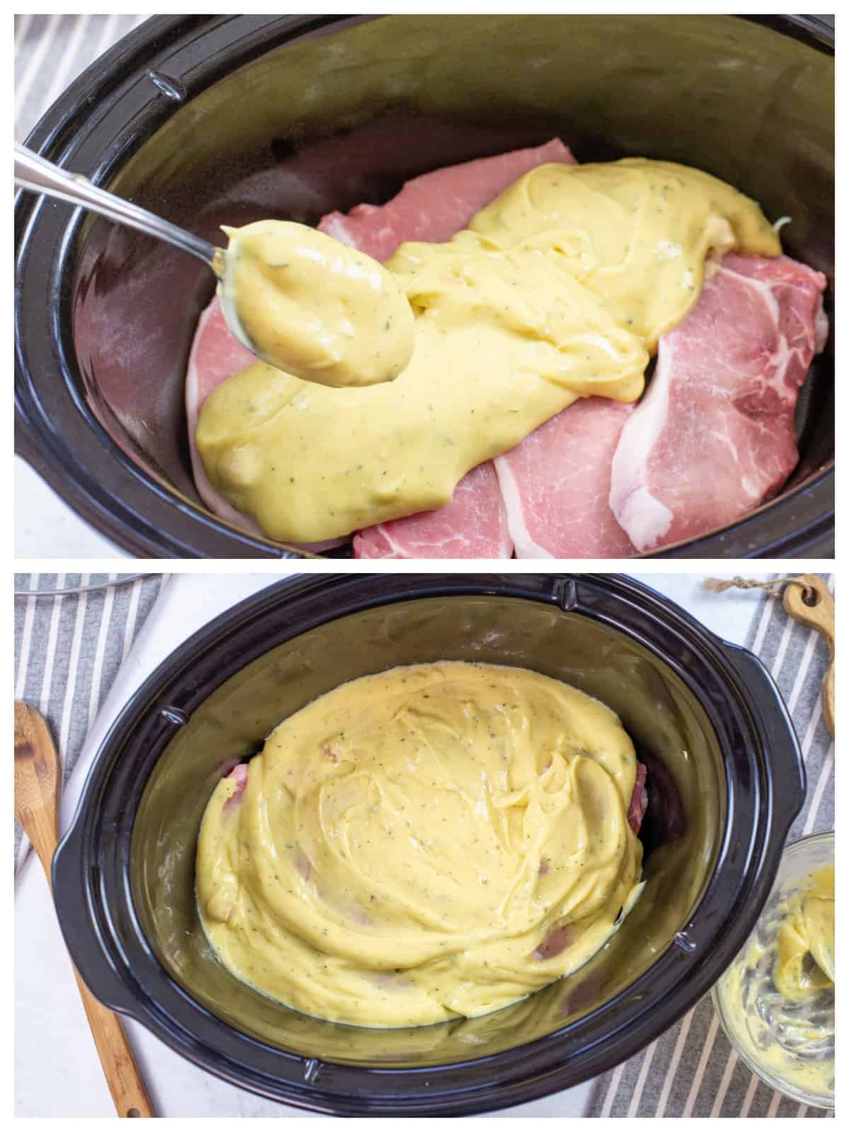 collage showing how to make pork chops in crockpot.