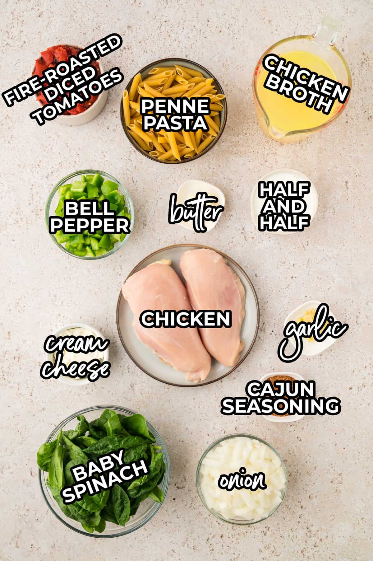 Ingredients for cajun chicken pasta recipe.