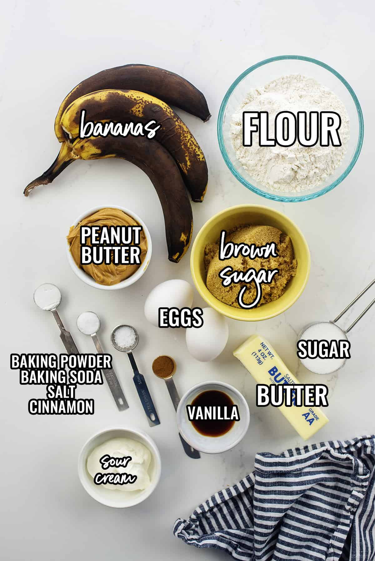 Ingredients for peanut butter banana bread recipe.