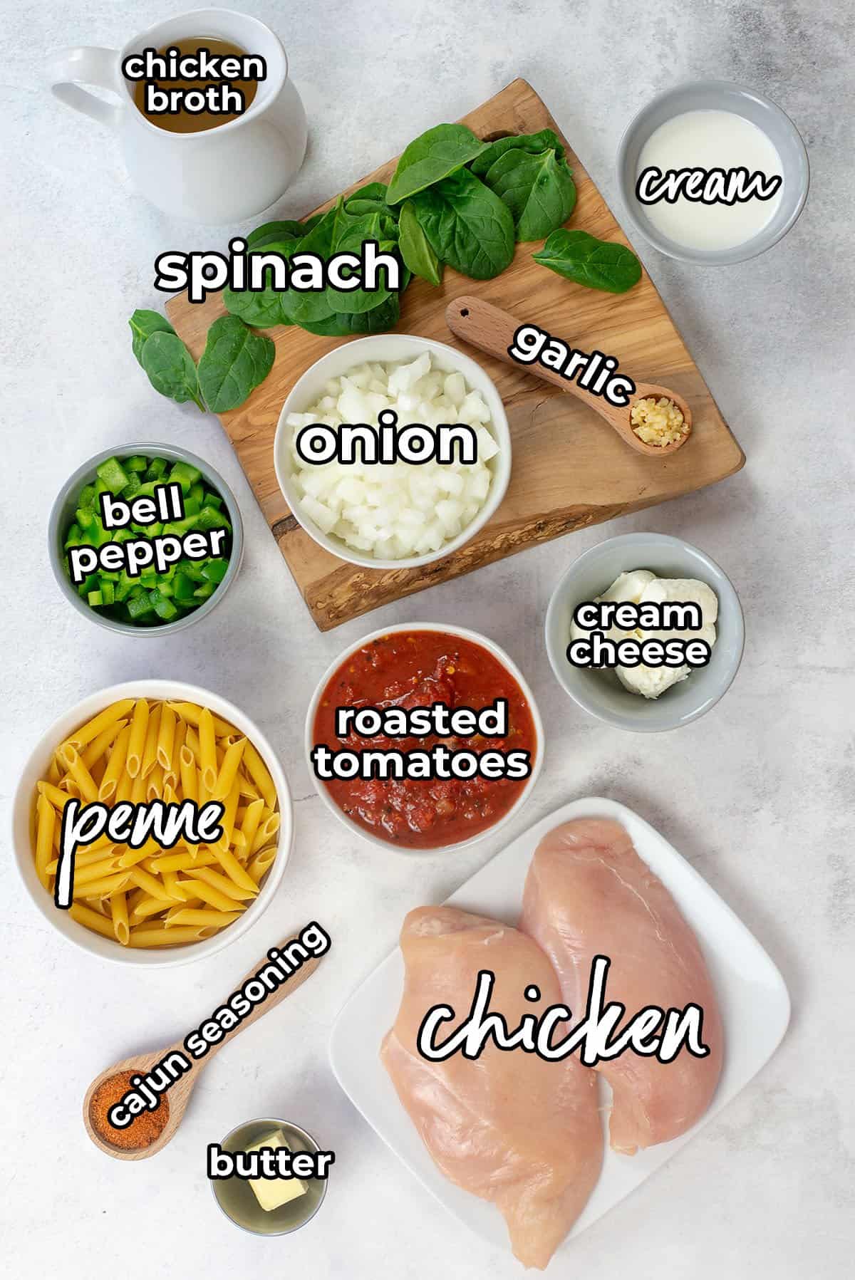 ingredients for Cajun chicken pasta recipe.