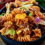 taco pasta salad in black bowl.