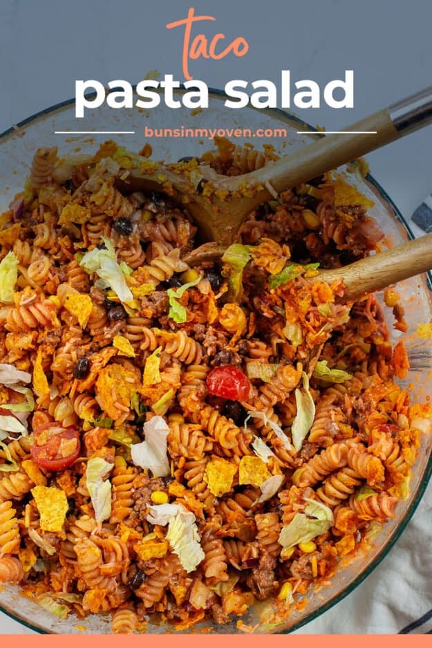 overhead view of pasta salad in bowl.