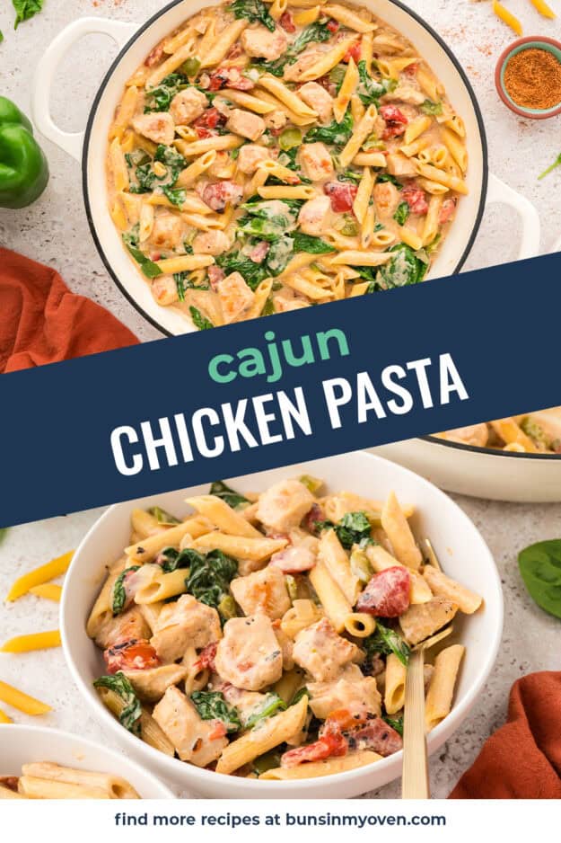 Collage of cajun chicken pasta images.