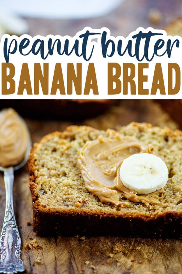 Banana bread topped with peanut butter and a slice of banana.