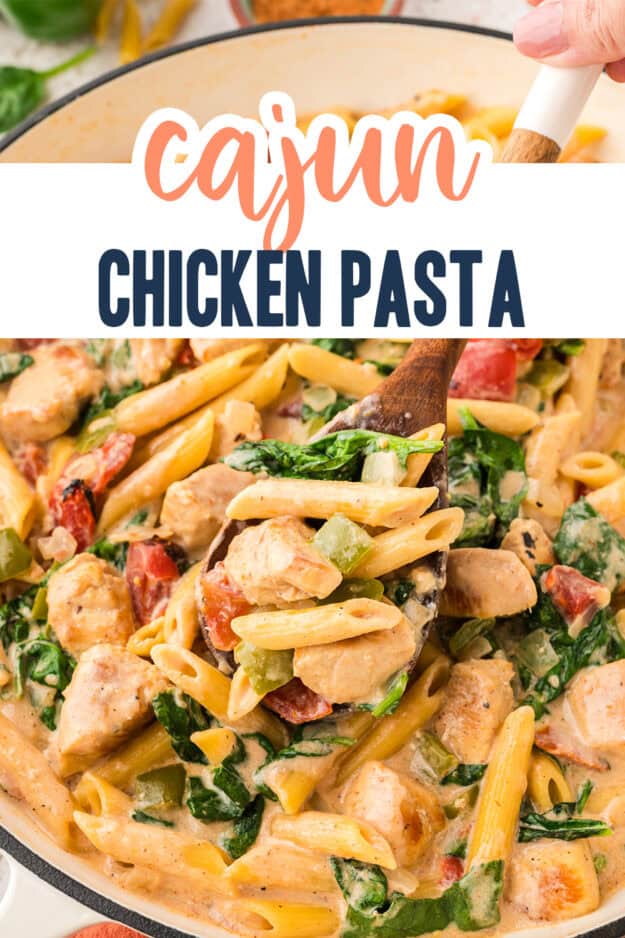 Creamy Cajun chicken pasta recipe in pot.