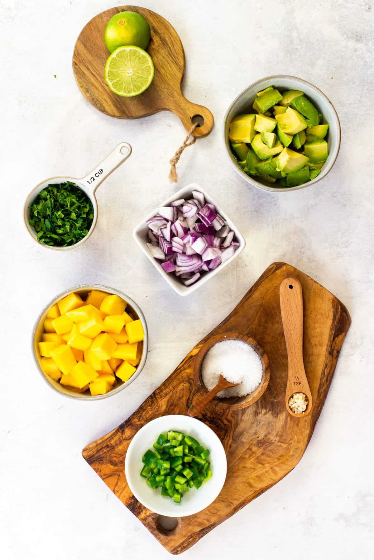 ingredients for avocado mango salsa.