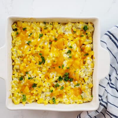 corn casserole in white baking dsih.